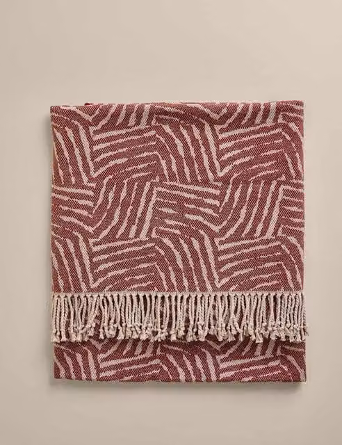M&S Geometric Cotton Rich Woven Throw with Fringes in Chestnut Brown and Red