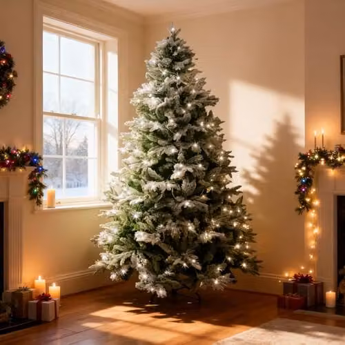 SHATCHI Lapland Fir Pre-Lit Artificial Christmas Tree with 180 Cool White LED Lights, Snow Flocked White Design and Metal Stand, Height: 150 cm – 2