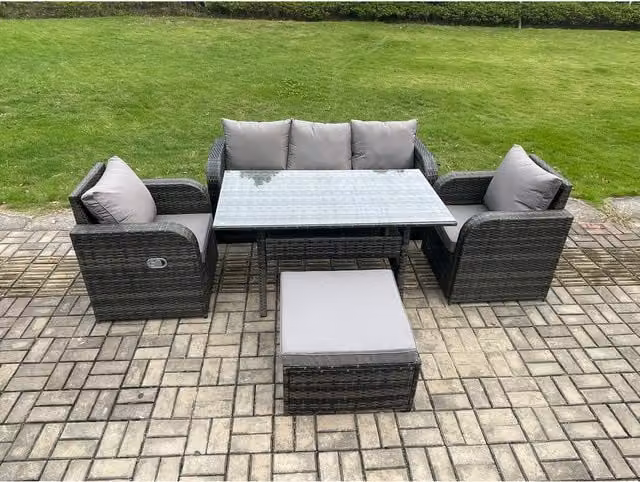 Fimous Modern Grey Rattan Outdoor Garden Dining Set with Metal Frame and Glass Tabletop