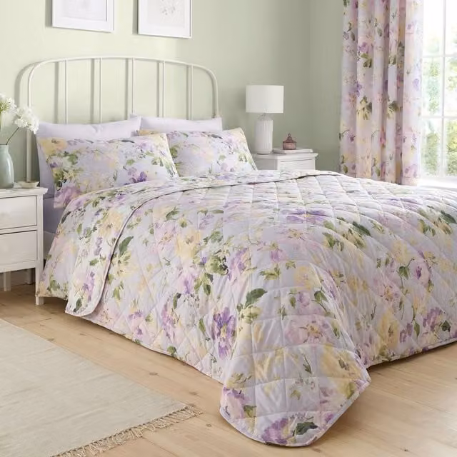 Dreams & Drapes Heritage Florette Jacquard Floral Quilted Bedspread Set in Purple Lilac, W/D/H: 230 x 230 x 1 cm