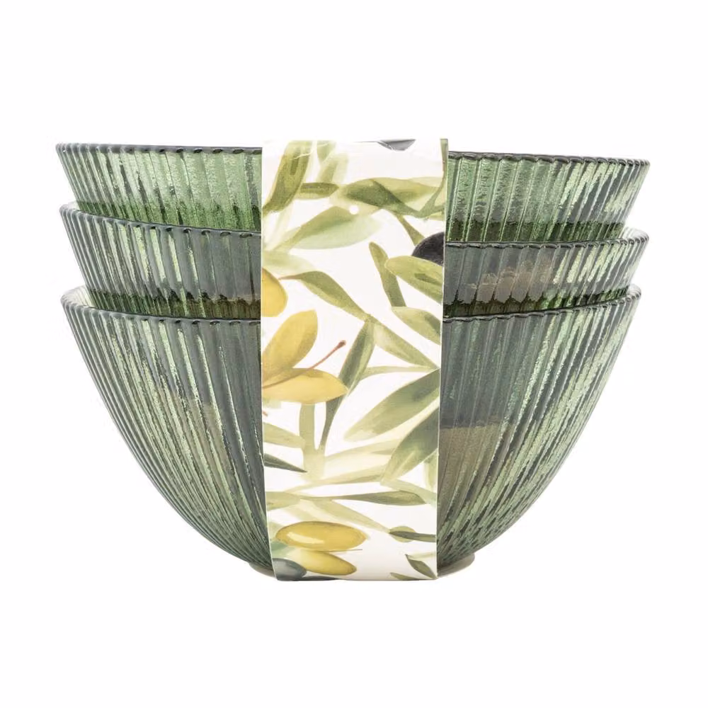 Madison & Mayfair Set of 3 Elegant Olive Ridged Green Glass Bowls – 2