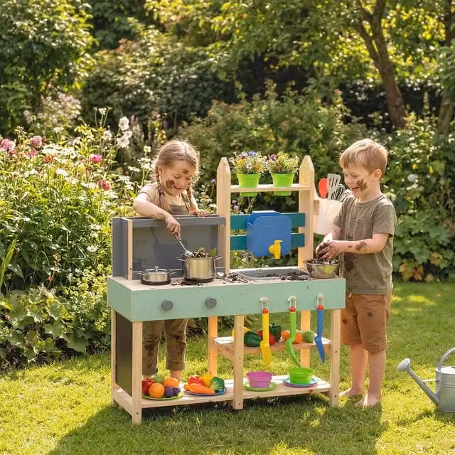 AIYAPLAY Mud Kitchen with Working Faucet and Flower Pots in Blue
