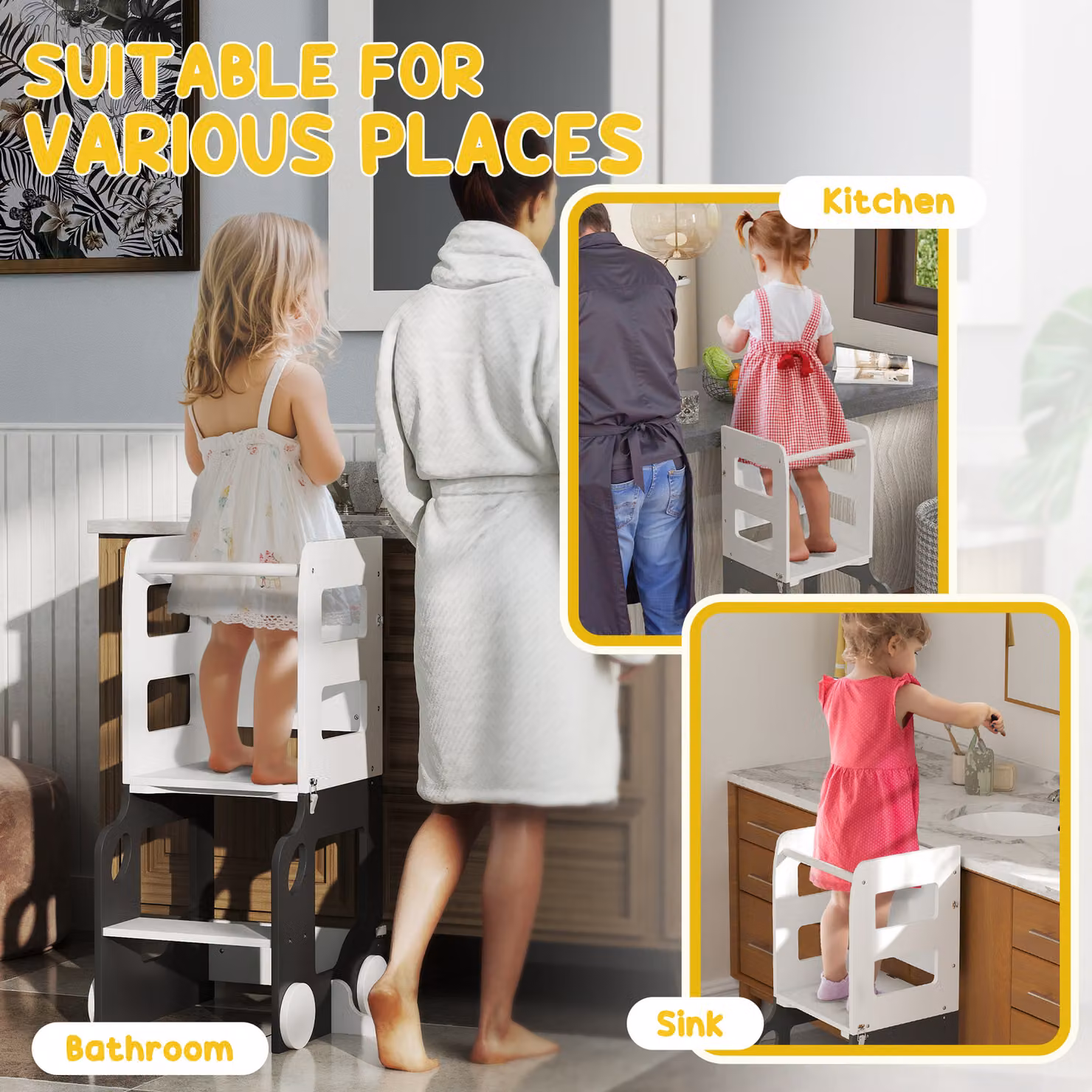 AIYAPLAY 4 in 1 Foldable Toddler Step Stool and Standing Tower with Safety Rail in Grey – 8