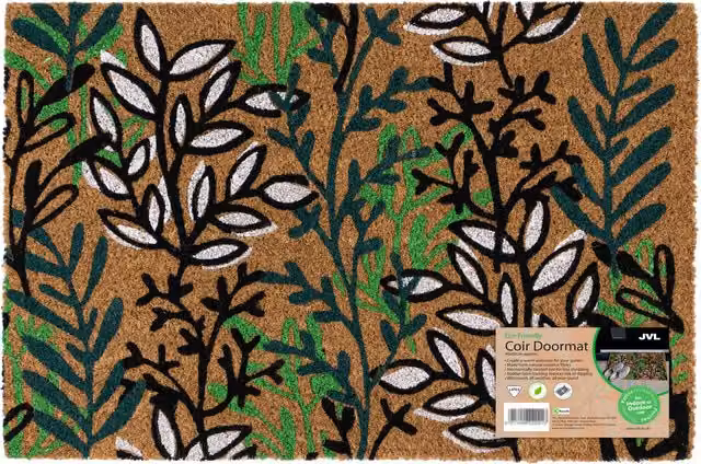 JVL Brown Floral Natural Coir Entrance Doormat with Non-Slip Rubber Backing