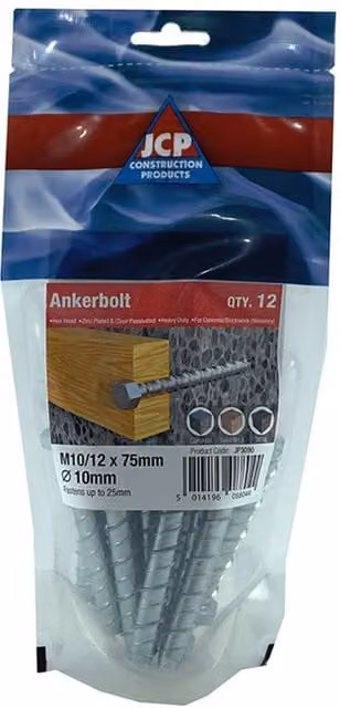 JCP Construction Products Silver Hexagon Head Galvanised Steel Ankerbolts, Bag of 8