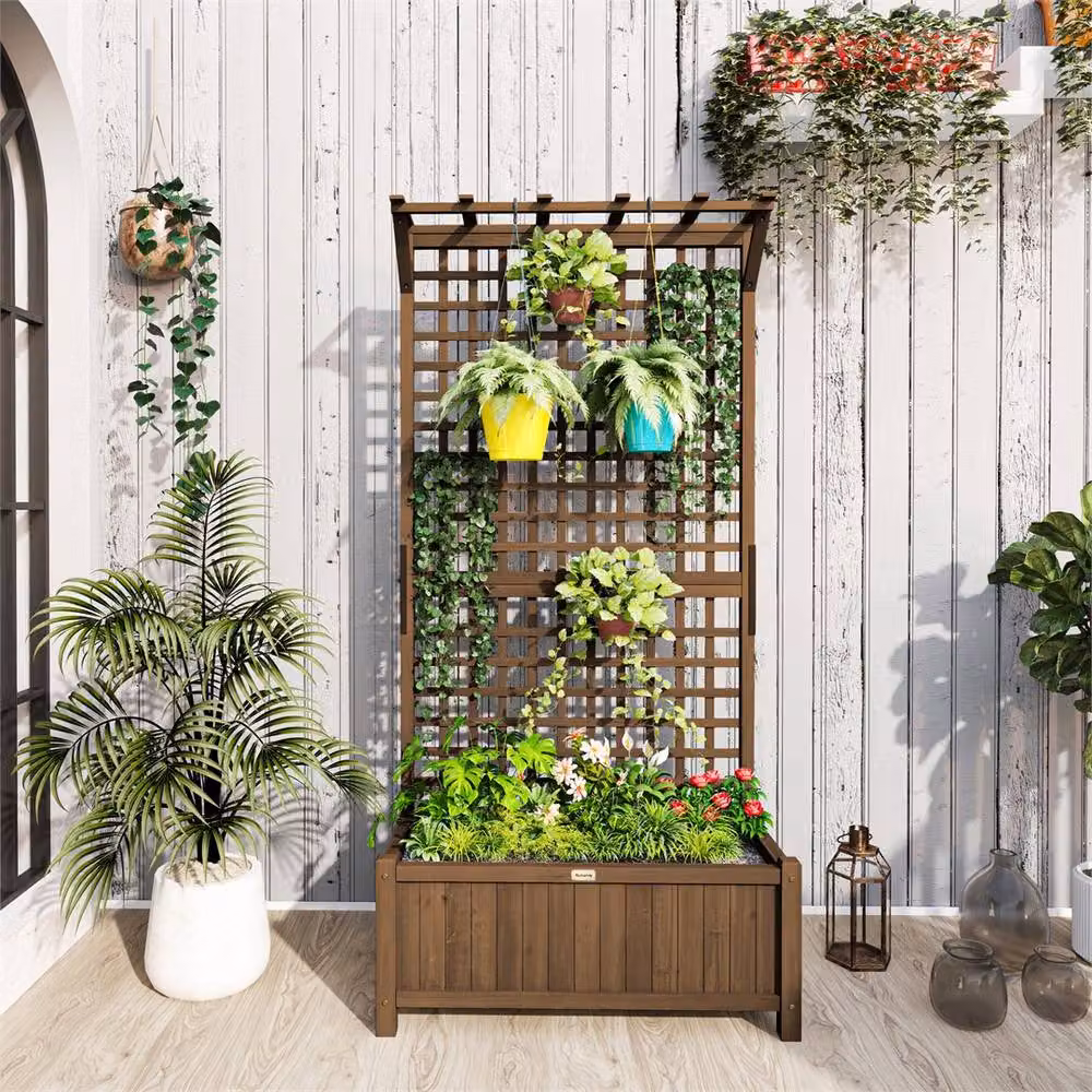 Nordara Brown Wooden Raised Bed Planter with Trellis and Drain Holes for Herb and Vegetable Gardens – 3