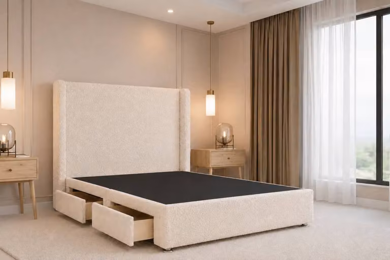 Chester & Oakley Velora Teddy Sprung Divan Set with 2 Drawers and 54 inch Winged Headboard in Beige Boucle, W/D/H: 140 x 200 cm