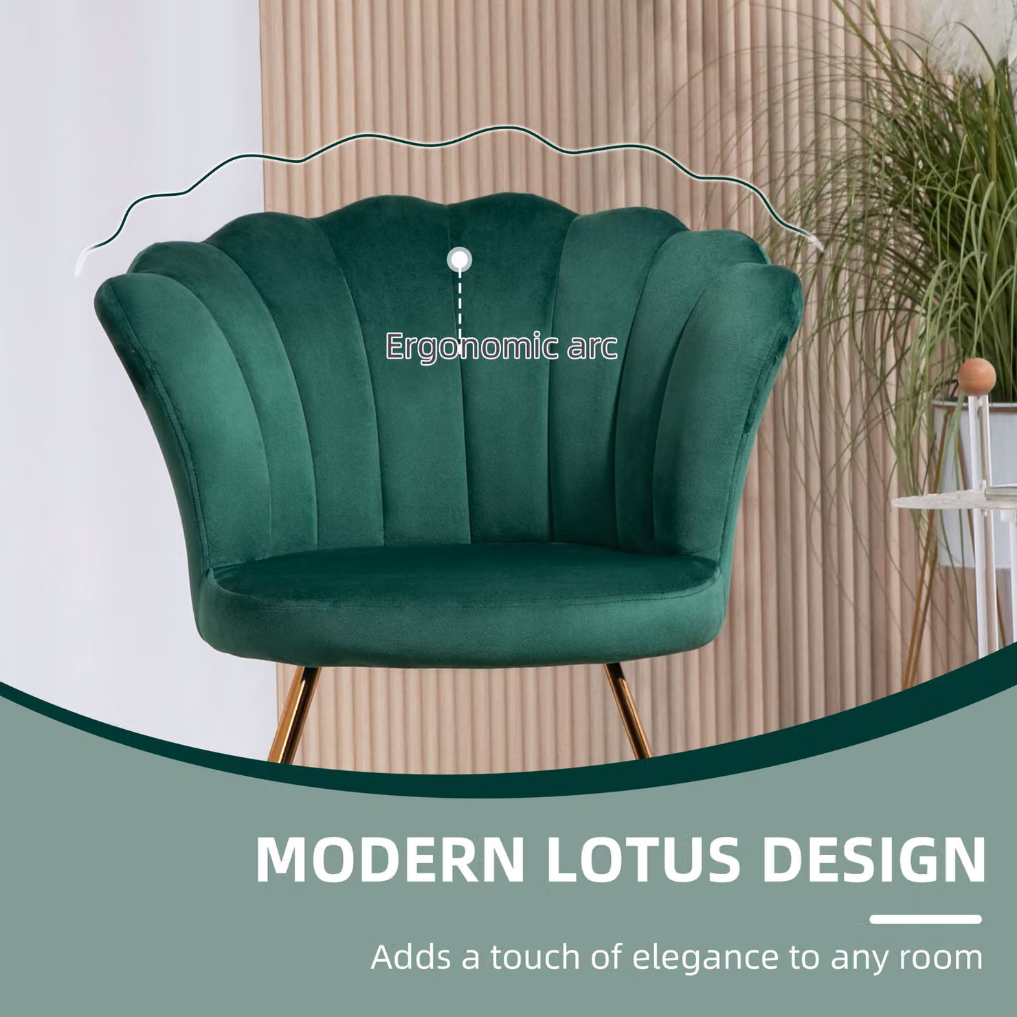 HOMCOM Green Velvet Lotus Petal Accent Chair with Metal Legs – 4