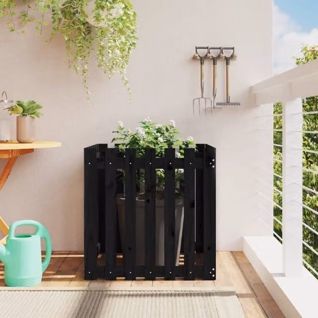 Berkfield Home Garden Planter with Fence Design in Black, Solid Wood and Plastic, W/D/H: 70 x 70 x 70 cm