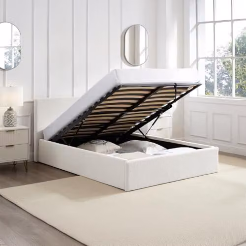TEDDY BOUCLE White Upholstered King Size Ottoman Storage Bed with 15cm Foam Mattress, W/D/H: 180 x 200 cm – 2