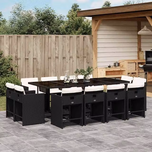 Berkfield Home Modern Polyrattan Garden Dining Set in Black and White with Glass Top