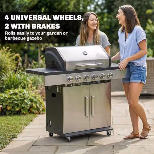 Outsunny 6 Burner Propane Gas BBQ Grill with Warming Rack, Thermometer and Wheels, Silver – 8