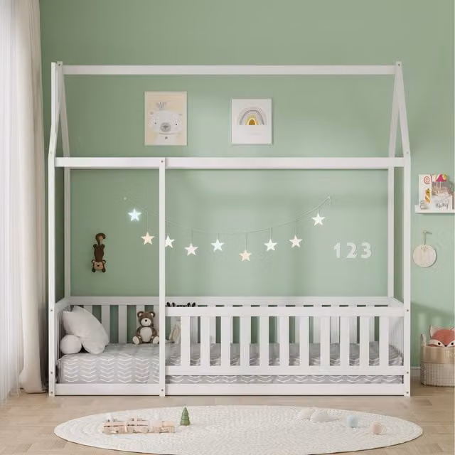 HMD White Lacquered Solid Pine Wood House Bed for Children with Guardrails, W/D/H: 90 x 190 x 178.5 cm
