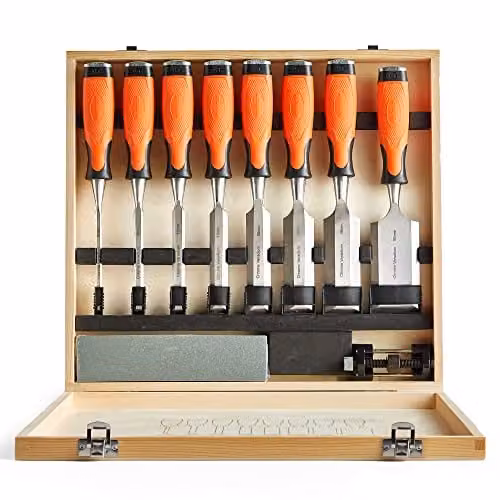 VonHaus 10-Piece Woodworking Chisel Set with Chrome Vanadium Tools, Sharpening Stone, Honing Guide and Orange Storage Case