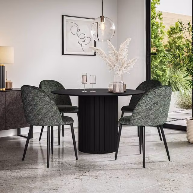 More4Homes Arlo Black Round Dining Table and Raye Green Velvet Dining Chairs Set of 6, W/D/H: 120 x 120 x 75 cm