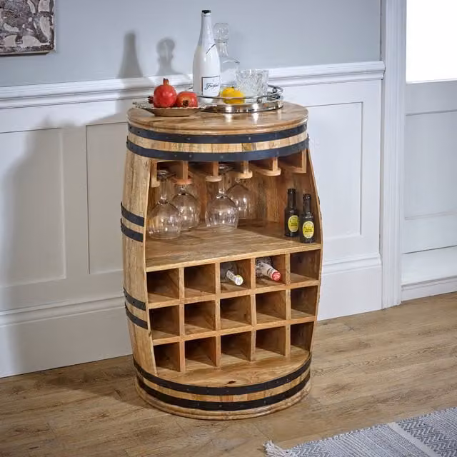 IH Design Rustic Lacquered Natural Solid Dark Mango Wood Barrel Wine Sideboard, Brown, W/D/H: 150 x 45 x 85 cm