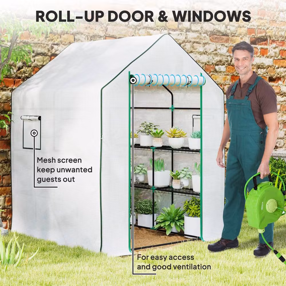 STILVORA White Walk-In Greenhouse with Shelving and Mesh Windows, W/D/H: 140 x 143 x 190 cm – 4
