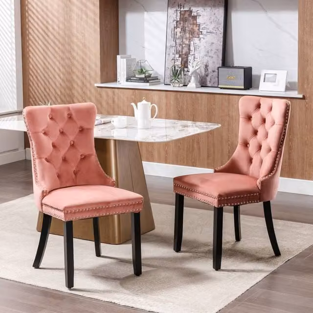Modern Home Touch Romsey Set of 2 Pink Velvet Upholstered Dining Chairs with Oak Legs and Knocker Ring Back