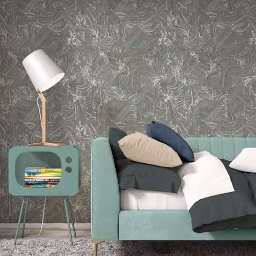 Erismann 10358-15 Non-Woven Wallpaper in Grey and Silver Metallic with Marble Look Graphic Waves
