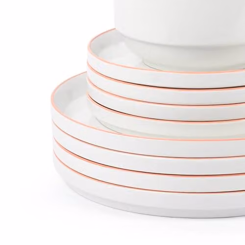 Waterside 12-Piece White and Orange Rim Porcelain Dinner Set – 2