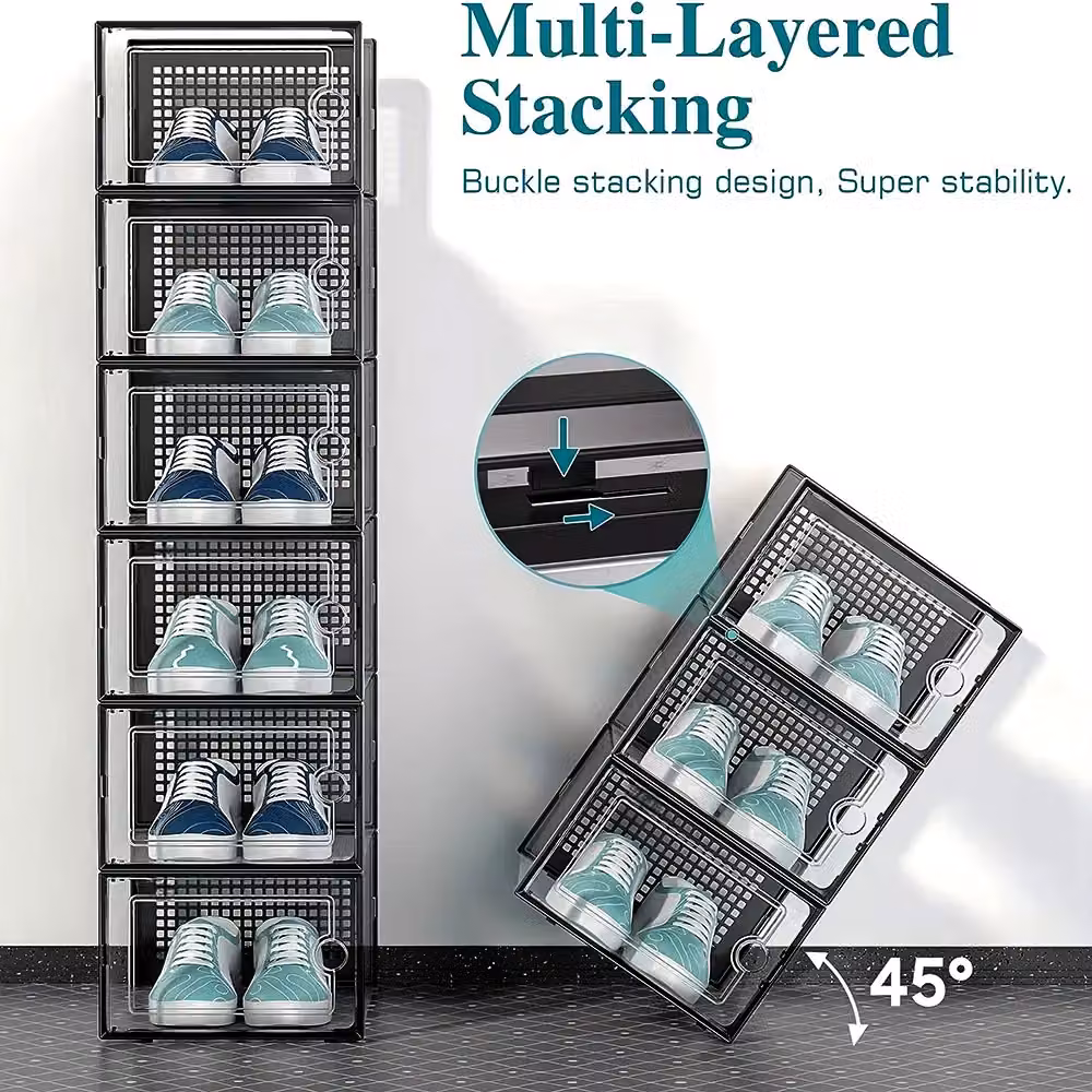 Living and Home 12-Piece Stackable Shoe Storage Box Organiser in Black and Transparent Plastic – 5