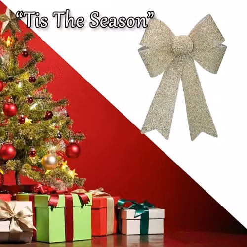 VFM e-Store Tinsel Light Up Bow Christmas Decoration in Champagne and Beige, W/D/H: 43 x 29 x 10 cm – 6