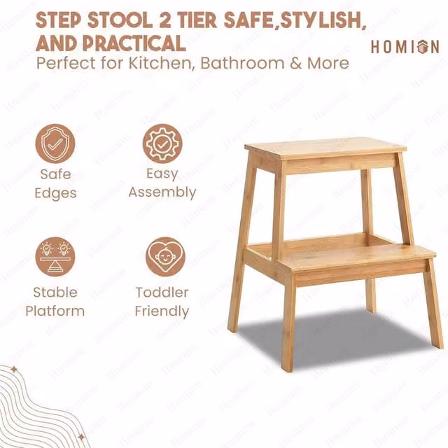 FLAVORA 2-Step Bamboo Wooden Kitchen Stool in Brown
