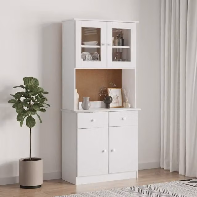 Berkfield Home ALTA Highboard in White Solid Wood Pine with Glass Doors, W/D/H: 77 x 35 x 165 cm
