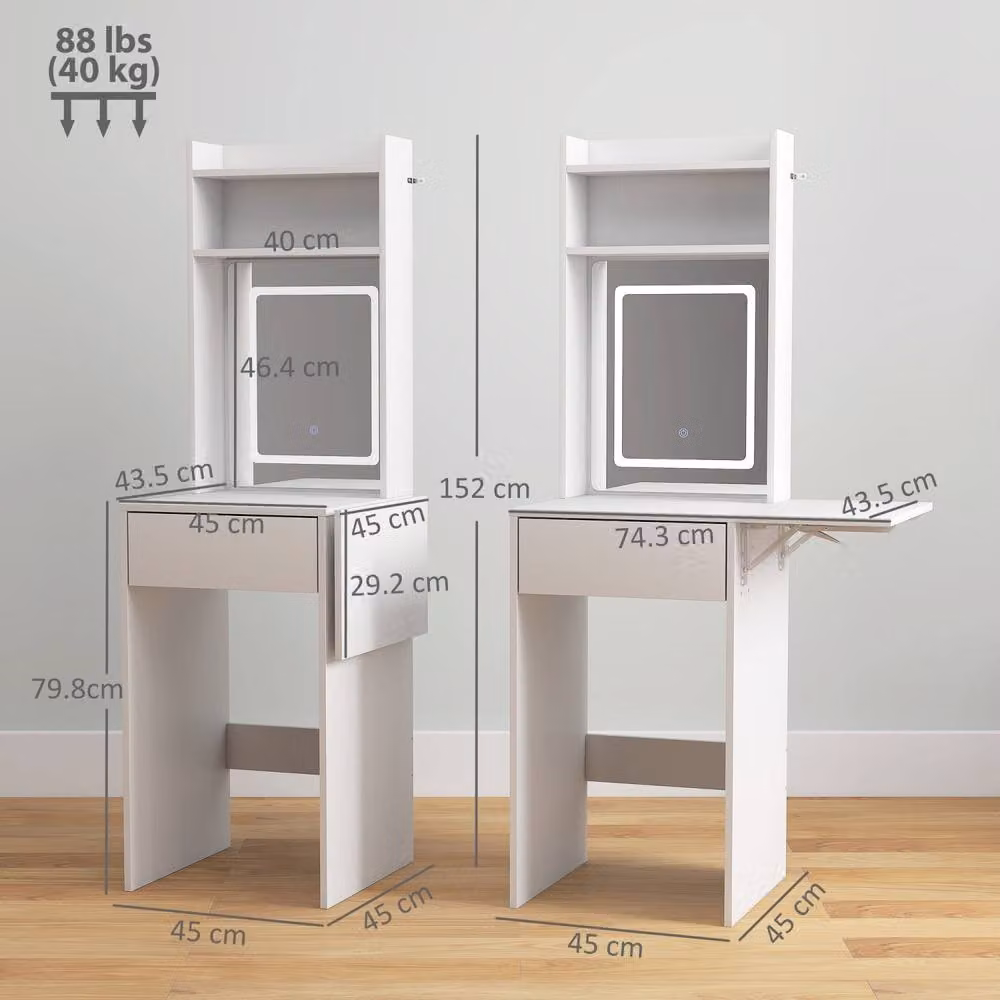 Wyld Haus Ravitti White Compact Drop Leaf Vanity Desk with Hollywood LED Mirror – 3