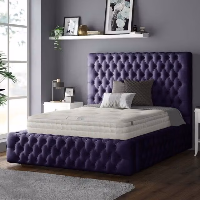 IH Design Royal Cushioned Chesterfield Upholstered Plush Velvet Bed Frame, Purple, 140 x 200 cm