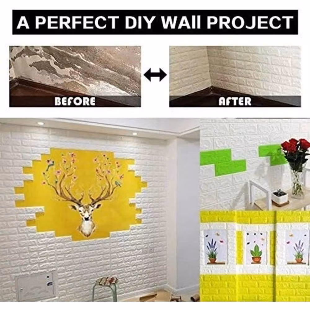 NESTLUNE White 3D Tile Brick Wall Sticker, Self-Adhesive Waterproof Geometric Design, W/H: 100 x 60 cm – 2