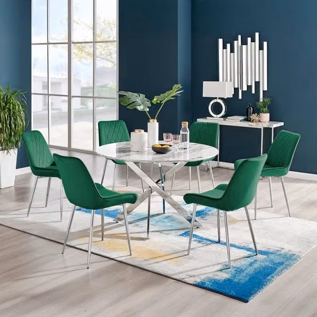 FurnitureboxUK Novara Round White Marble Effect Dining Table and 6 Pesaro Silver Chairs in Green, Diameter: 120 cm