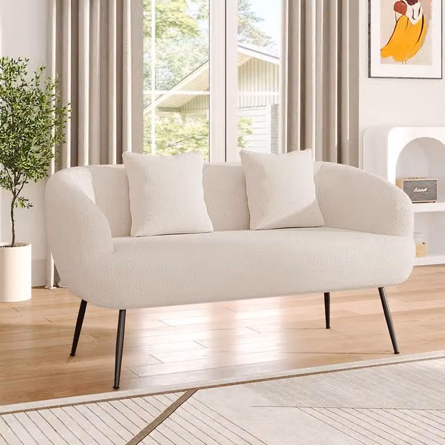 Livingandhome Modern White Bouclé Fabric Sofa with Scatter Cushions and Metal Legs