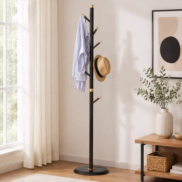STILVORA Modern Bamboo Coat Rack Stand with 6 Hooks in Brown and Gold, H 180 x W 36 x D 15 cm