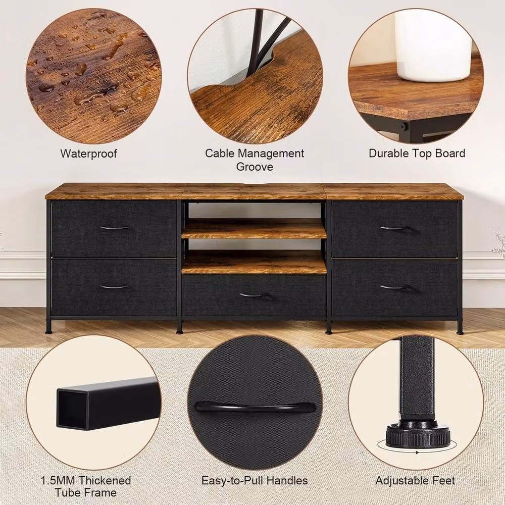FORGEVIO Industrial Wood TV Stand Cabinet with 5 Drawers in Multicolour – 3