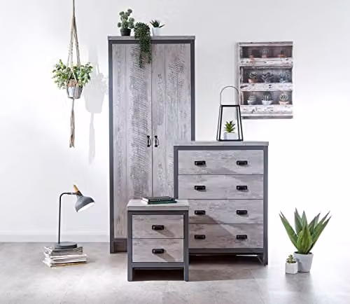 GFW Boston 3 Piece Industrial Style Bedroom Furniture Set in Grey Wood Effect and Black Metal – 2