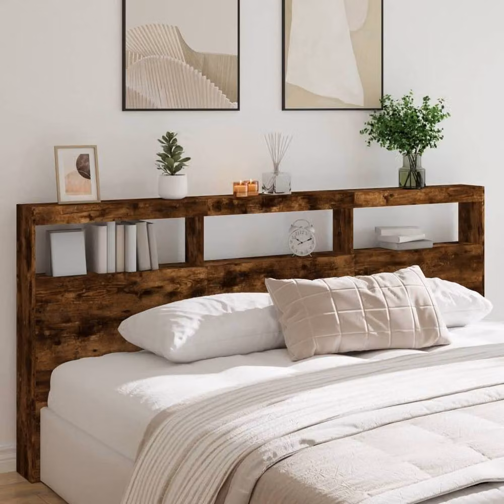 Berkfield Home Modern Headboard Cabinet in Smoked Oak Brown with Integrated LED Lighting, USB Charging Port and Bedside Shelf, W/D/H: 220 x 17 x 102 cm – 2