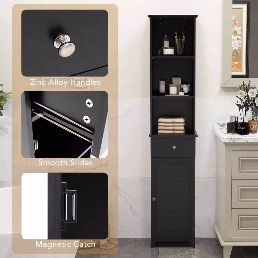 FLAVORA Black Matt Modern Freestanding Bathroom Organizer with Hinged Doors and Internal Shelves, Height: 164 cm, Width: 30 cm, Depth: 30 cm – 4