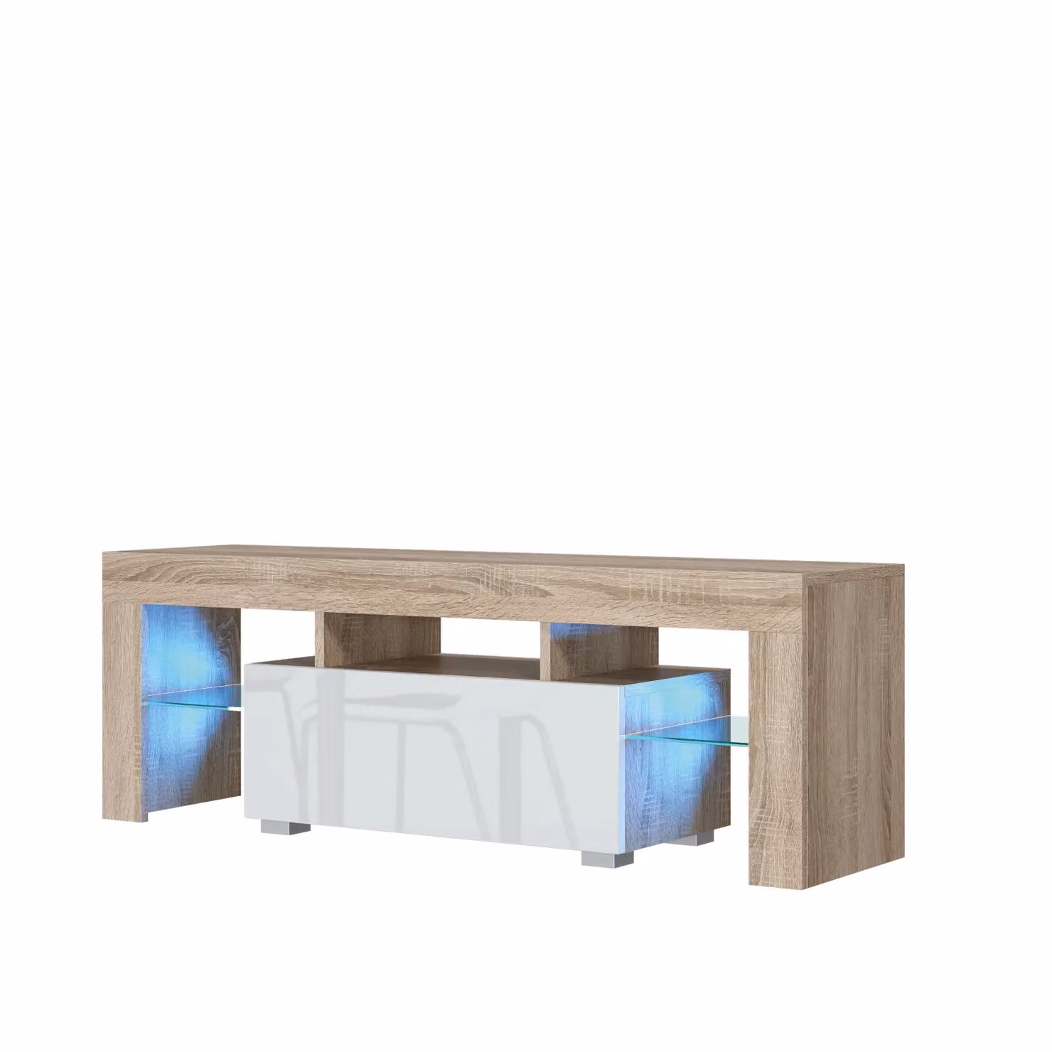 Creative Furniture Floe TV Unit in Oak with White Gloss Doors and LED Lights, W/D/H: 130 x 45 x 35 cm – 3
