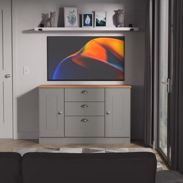 Victoria Ready Assembled 2 Door 3 Drawer Sideboard in Dusk Grey and Riviera Oak
