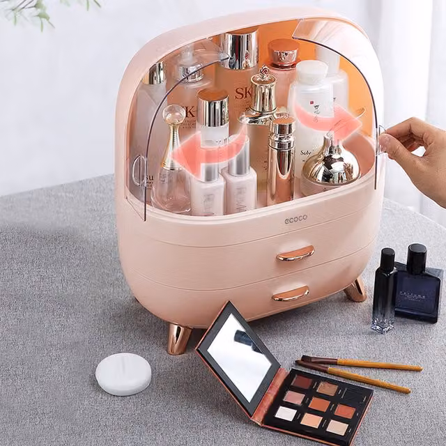 Livingandhome Freestanding Makeup Organizer with 2 Drawers, Pink and Transparent, Width: 30 cm