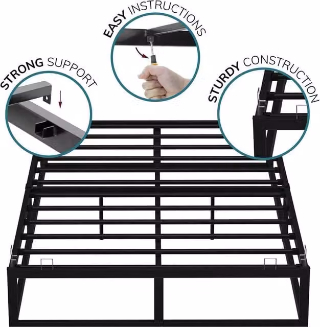 House Of Home FLAVORA Double Metal Bed Platform Frame in Black, Cot Size – 1