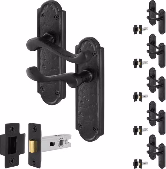 AFIT Black Antique Cast Iron Door Handles with Long Backplate Set, 6 Pairs, W/D/H: 150 x 100 x 15 mm