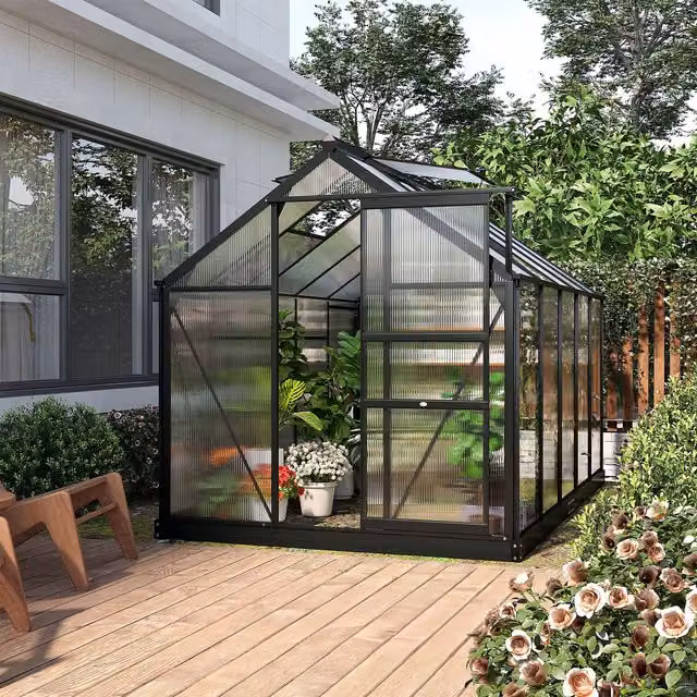 Outsunny Aluminium and Polycarbonate Walk-In Garden Greenhouse with Sliding Door, Grey and Transparent – 8
