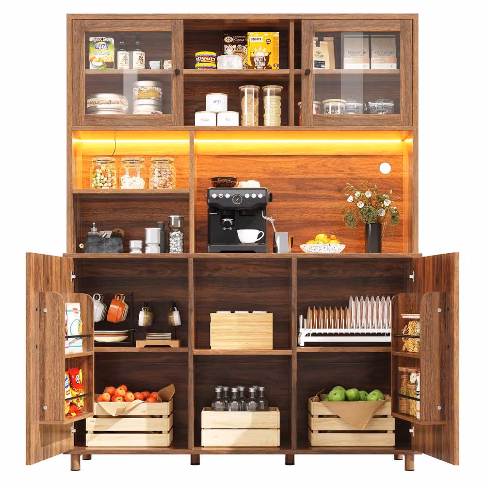 BTM Modern Tall Kitchen Sideboard in Brown with LED Lighting and Glass Doors, W/D/H: 140 x 40 x 185 cm – 6