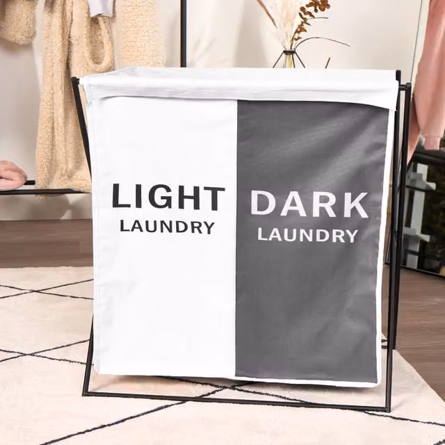 OHS Collapsible Fabric Laundry Basket with Lid in Grey and White
