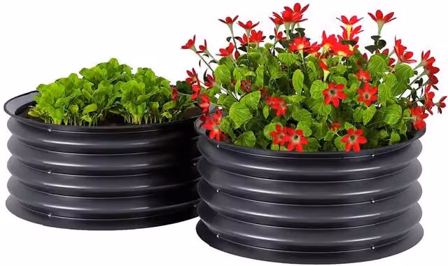 VOGREX Set of 2 Black Galvanised Steel Raised Garden Bed Metal Planter Boxes with Safety Edging – 1