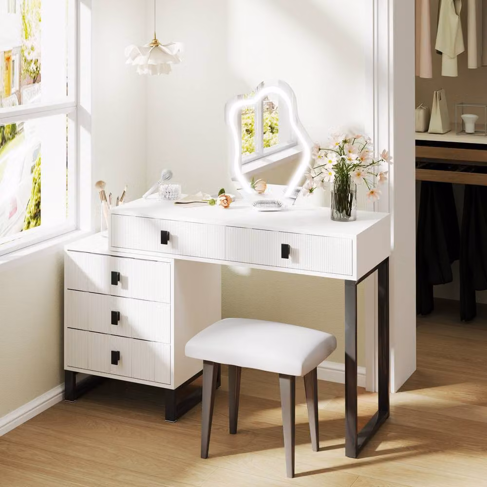 STILVORA Modern White Dressing Table with LED Mirror and 5 Drawers – 2