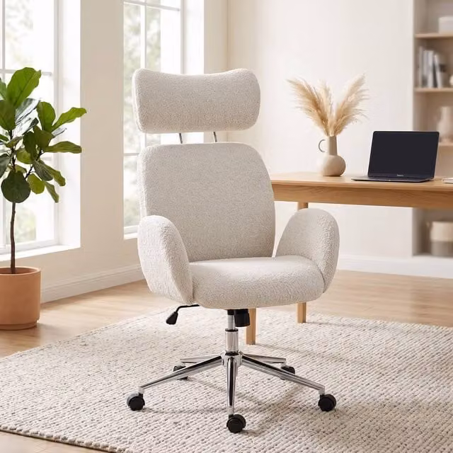 ERGOVEXA Ergonomic Swivel Office Chair with Adjustable Headrest in Grey Bouclé Fabric – 1