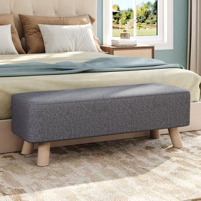 Komore Rectangular Fabric Footstool with Pine Wood Legs in Grey